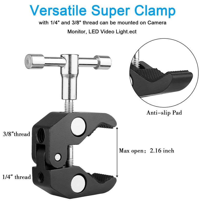 ChromLives Magic Arm Camera Clamp, Adjustable 11" Articulating Arm Camera Mount with Super Clamp W/ 1/4" and 3/8" Thread for DSLR Rig/LCD Monitor/LED Lights/Flash Light - Image 5
